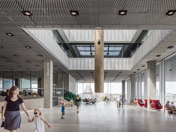 The corridor ceiling of Dokk1 Library is decorated with expanded metal sheets.