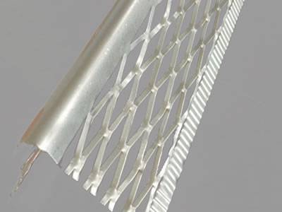 A expanded angle corner bead with creased reinforce flange on the gray background.