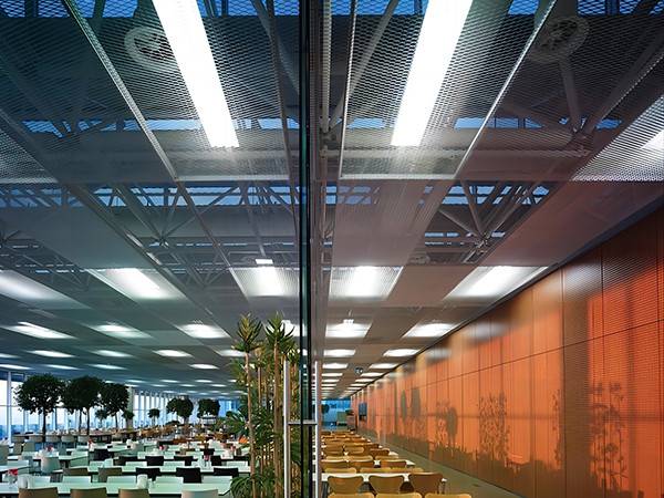 Expanded metal ceiling installed above the library