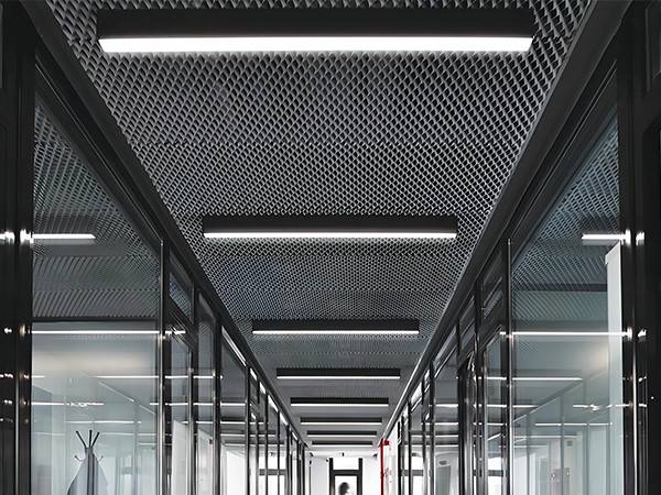 Expanded metal ceiling installed in the office corridor