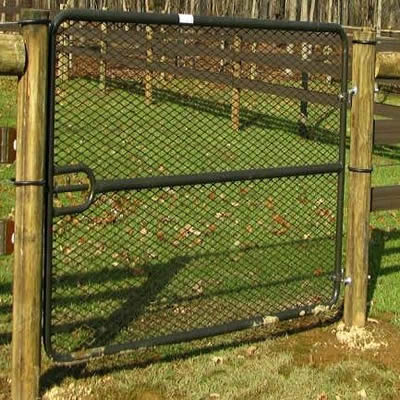 緑の草が付いている庭で使用される拡大された金属のゲート。